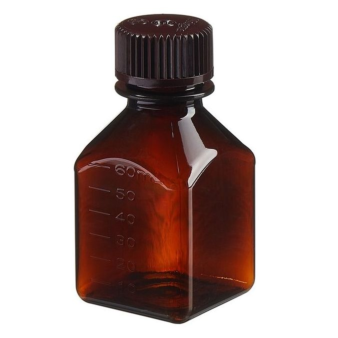 Thermo Scientific 322021-0060 Nalgene Square Amber PETG Media Bottles with Closure: Nonsterile, Shrink-Wrapped Trays, 60 mL - Amber (Case of 200)